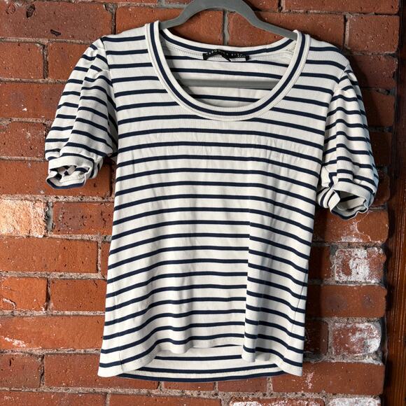 Veronica Beard Tops - Veronica Beard Fleta Stripe Rib Top Puff Sleeve Short Sleeve Sz M Navy White